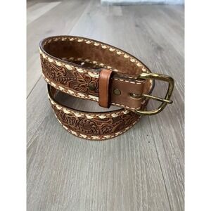 Vintage Hand Tooled Floral Leather Western Cowboy Belt - Small